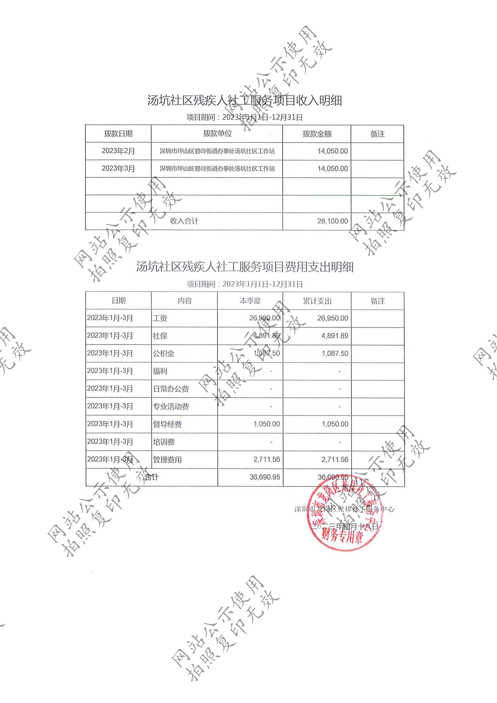 龙祥社工2023年3月份项目经费使用公示