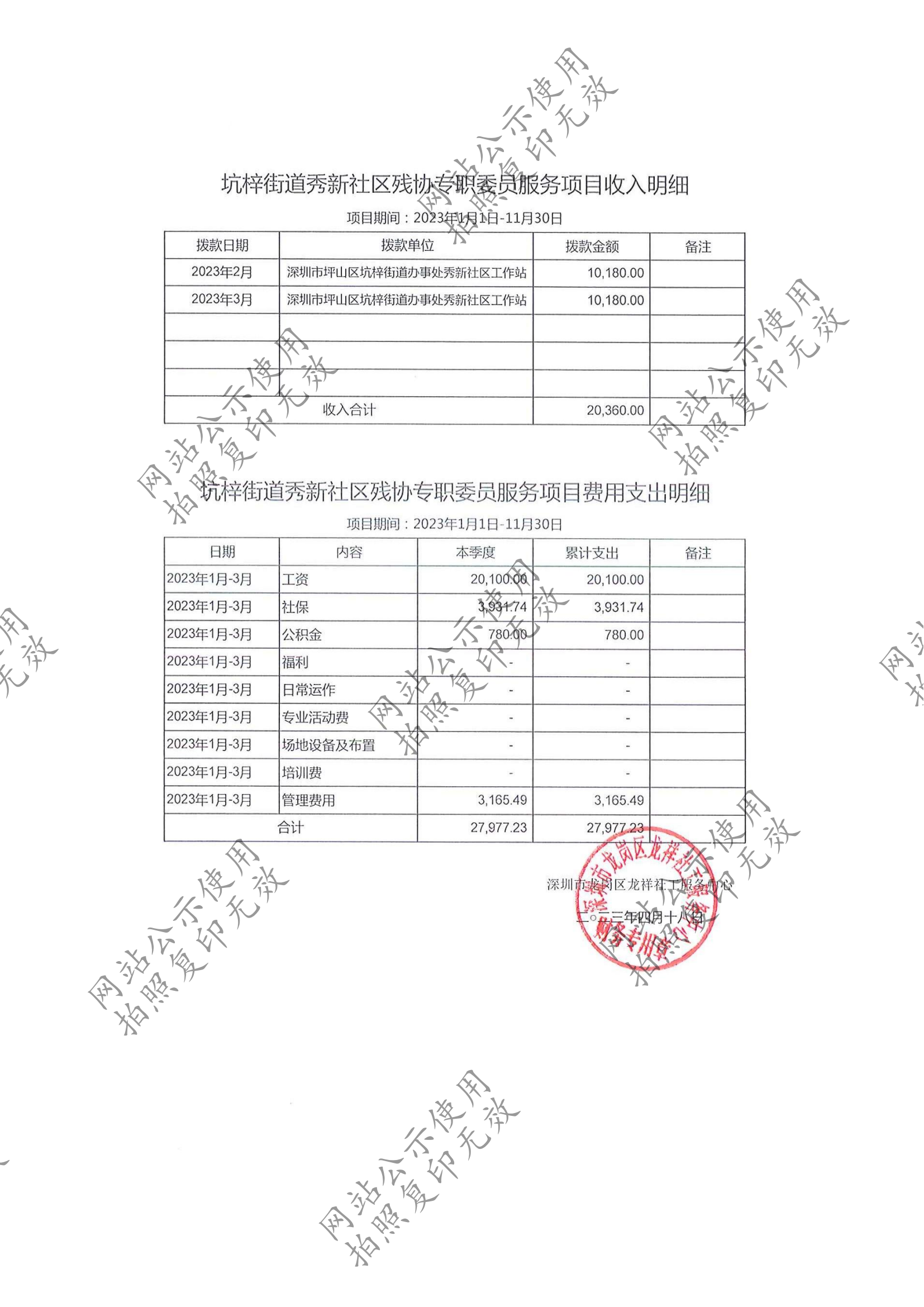 龙祥社工2023年3月份项目经费使用公示