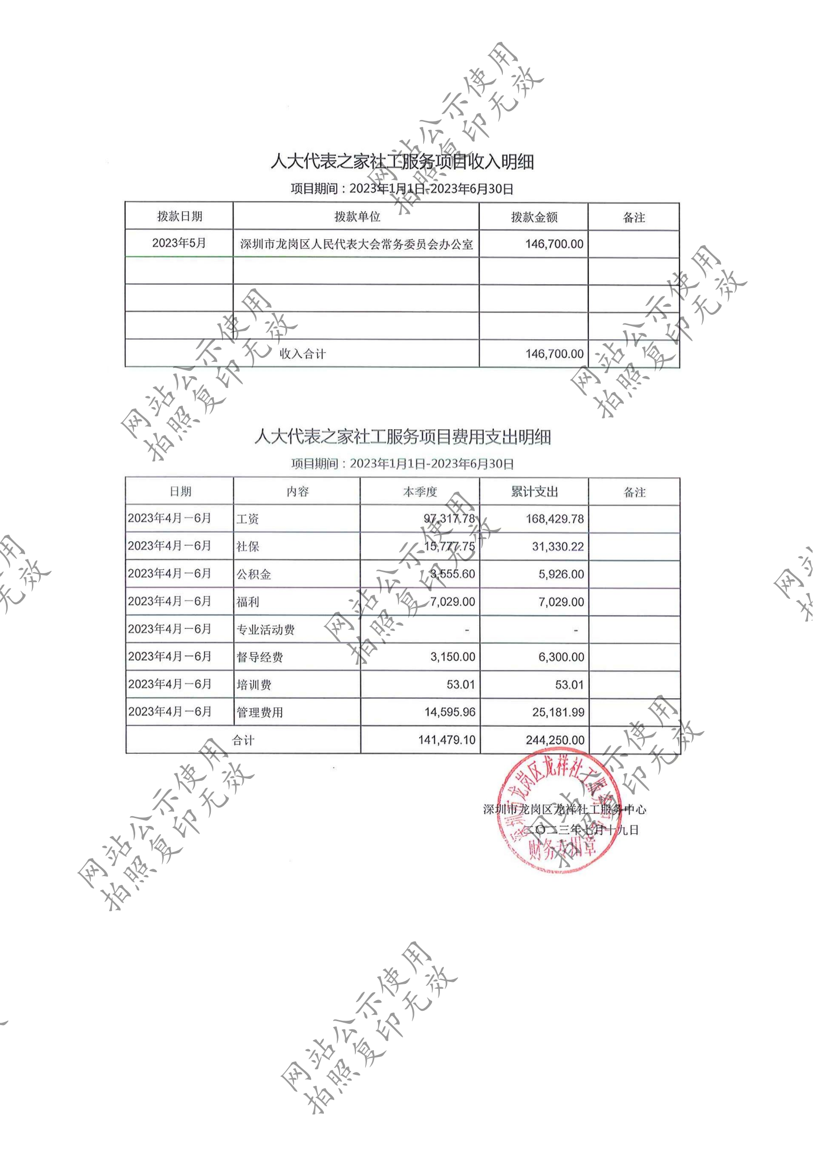 龙祥社工2023年6月份项目经费使用公示